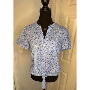 J. Crew Women's XS Blue Floral Tie-Front Blouse Short Sleeve Casual